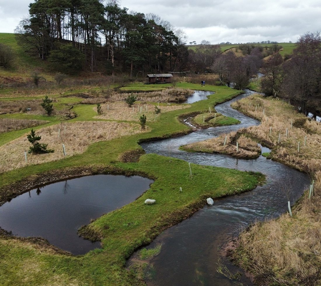 Aerial view of Cairn beck site illustrating the impact re-wiggling work and scrape additions.