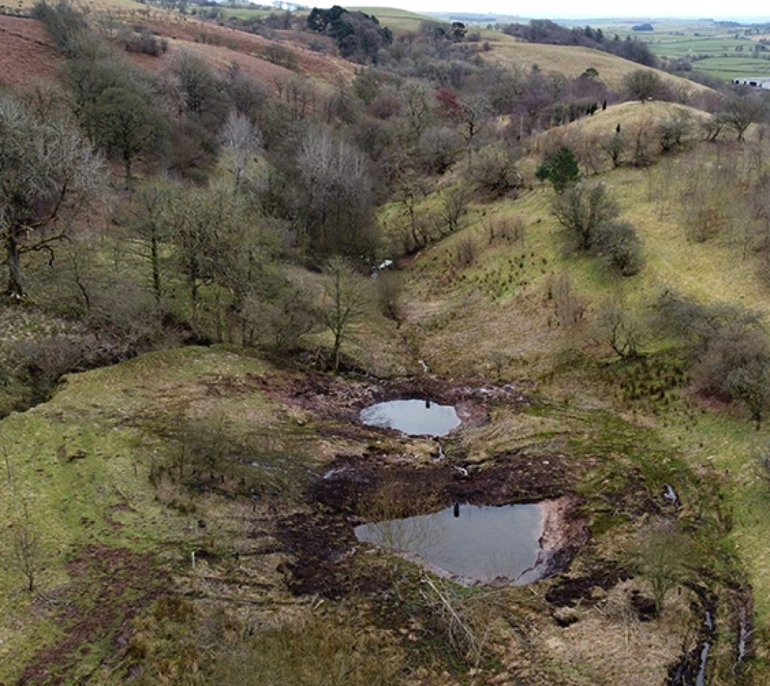 Aerial view of two natural flood management ponds excavated at Cumrew.