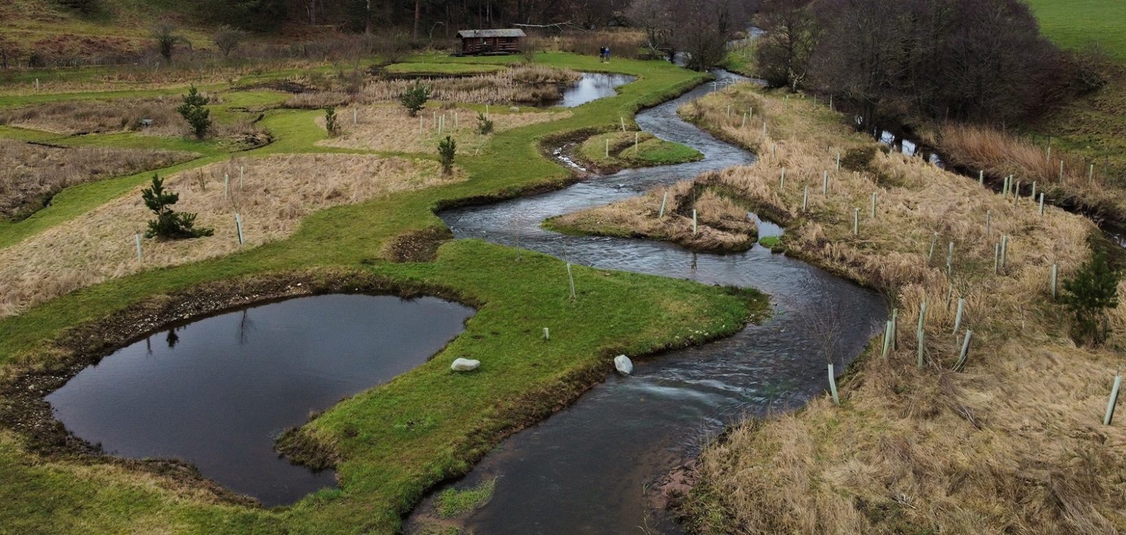 Aerial view of Cairn beck site illustrating the impact re-wiggling work and scrape additions.