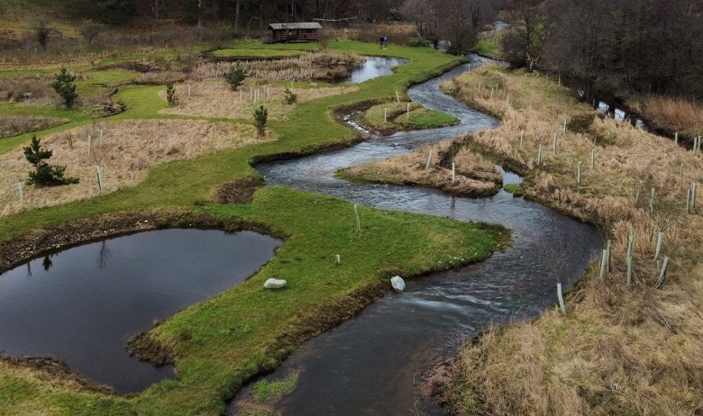 Aerial view of Cairn beck site illustrating the impact re-wiggling work and scrape additions.