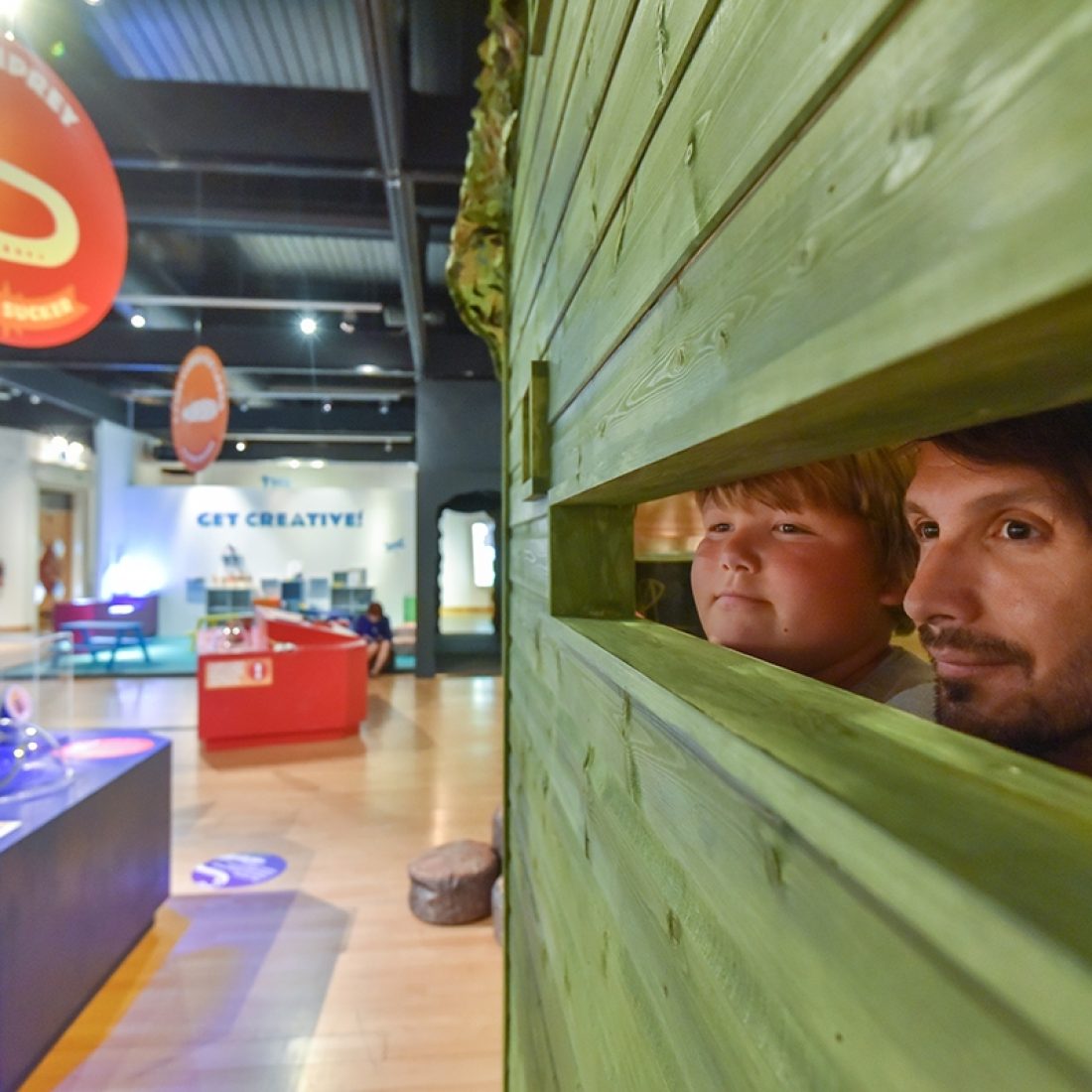 A man and child stare through a gap in a wooden wall at the Eden Rivers Wonder World Exhibition beyond.