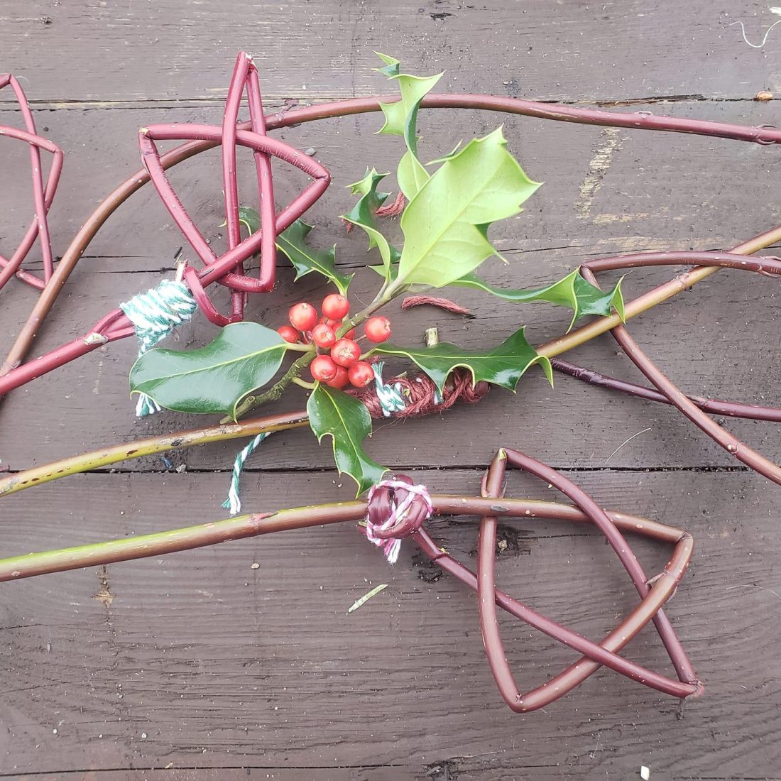 Christmas stars created from single sticks of willow and bent into the shape of a star.