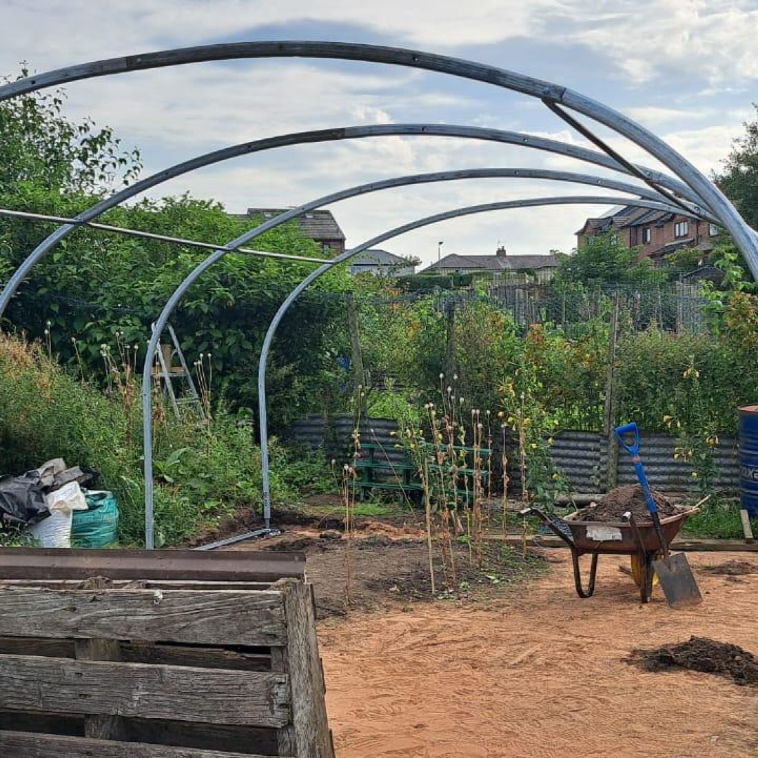 A completed polytunnel frame erected on the Penrith community tree nursery site.