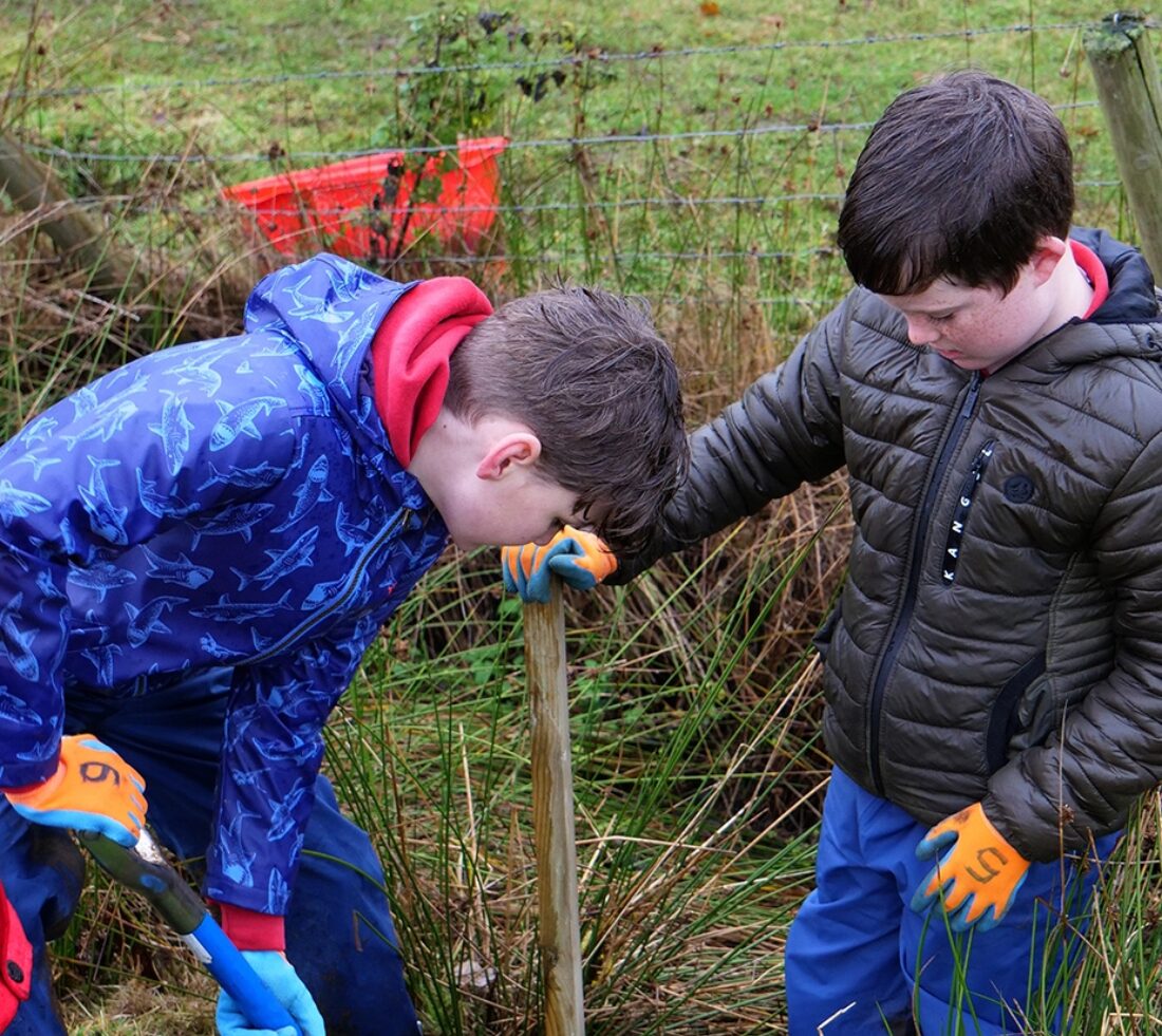 Two young people in coats and wellingtons. One is using a spade to dig a hole ready for a new native tree sapling whilst the other holds the stake and watches progress.