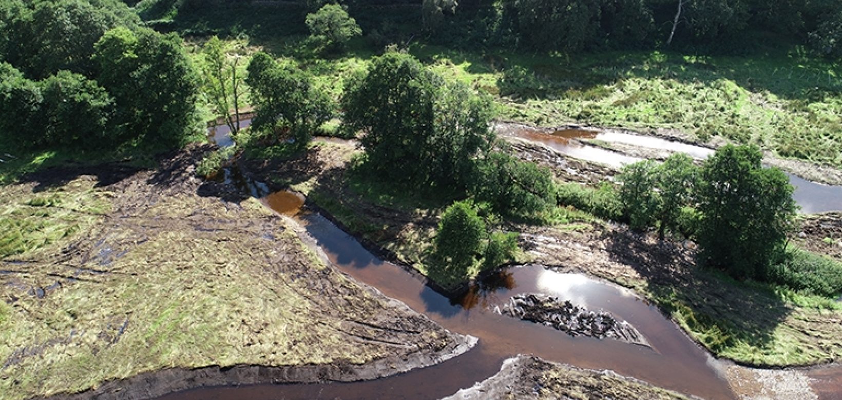 Aerial view of river channel excavations.