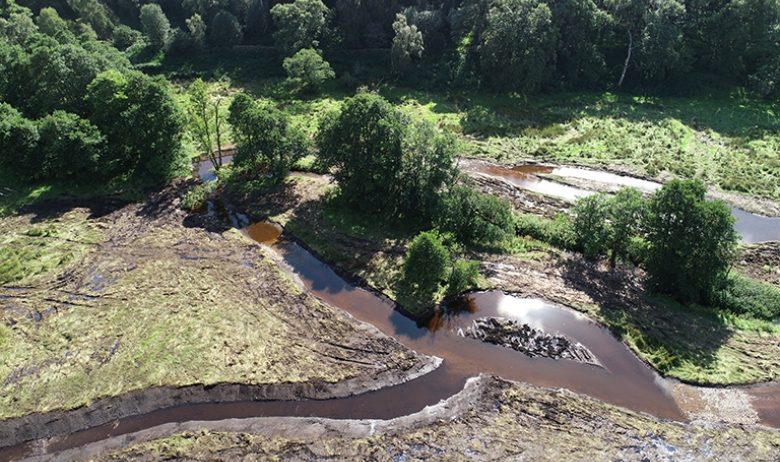 Aerial view of river channel excavations.