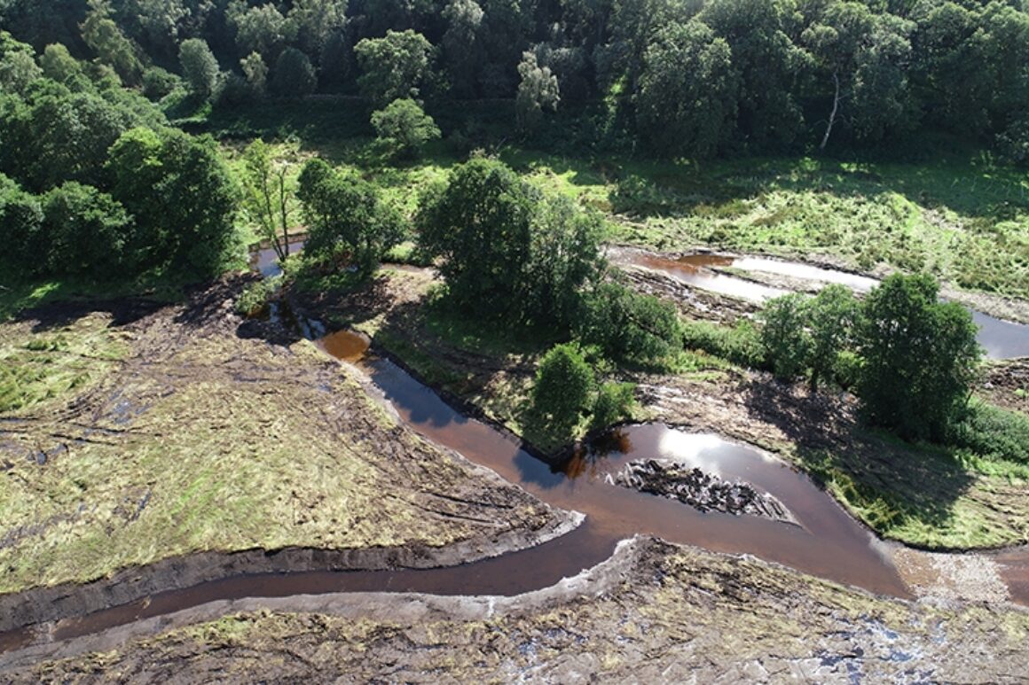 An aerial view of river restoration features.