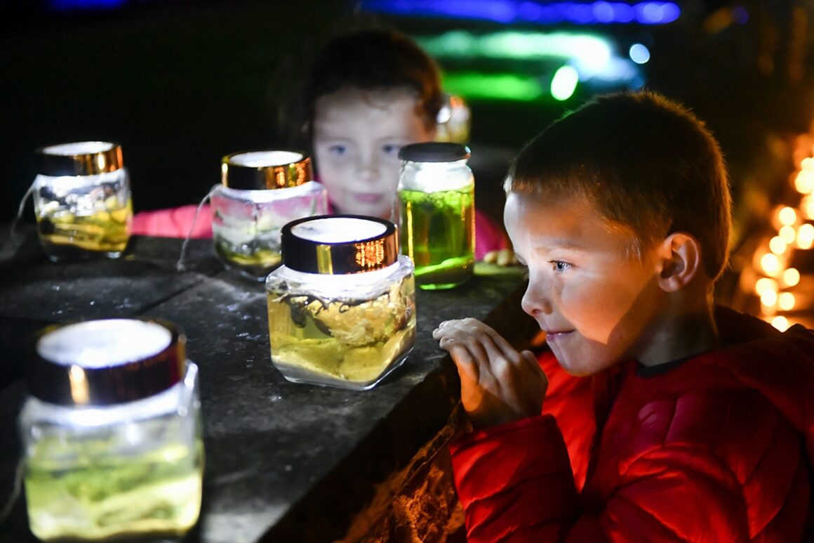 Two young people at night time staring at illuminated jars on a table.