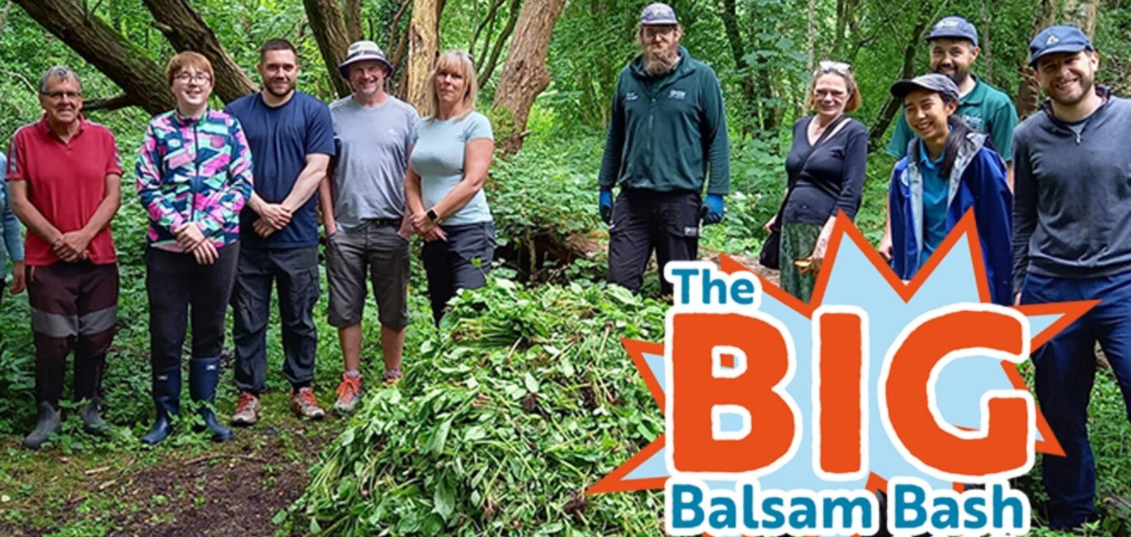 Image of volunteers standing behind a pile of uprooted balsam with a logo in the corner which reads: 
