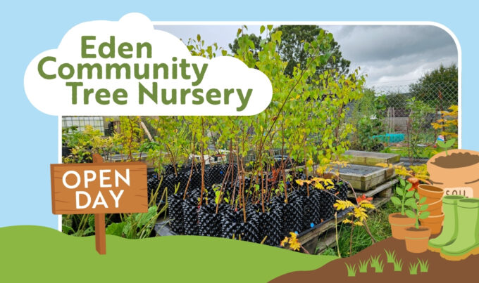 Tree Nursery open day graphic with photo of saplings growing in black plastic pots