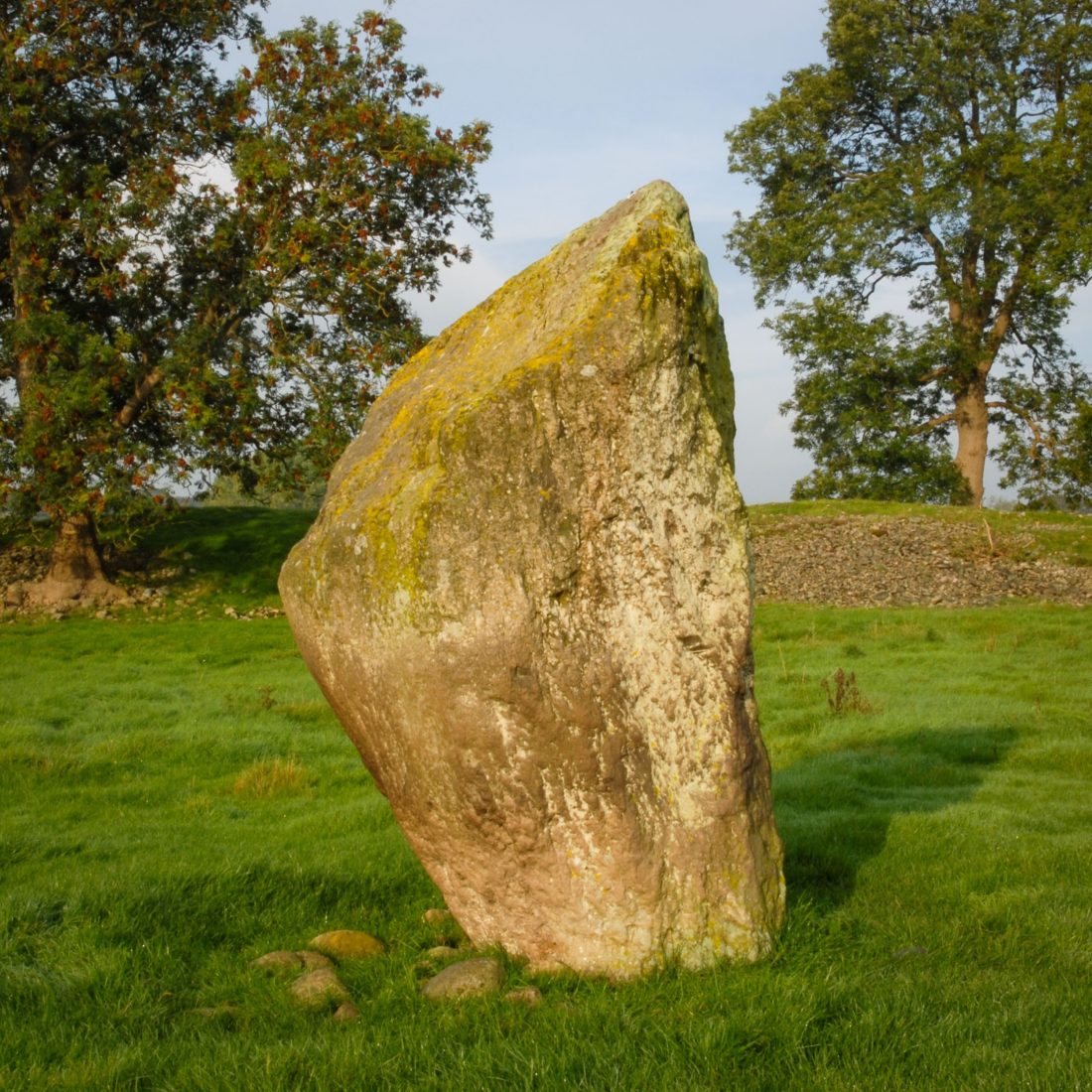 Mayburgh Henge - a tooth-shaped stone standing on its own in a field.