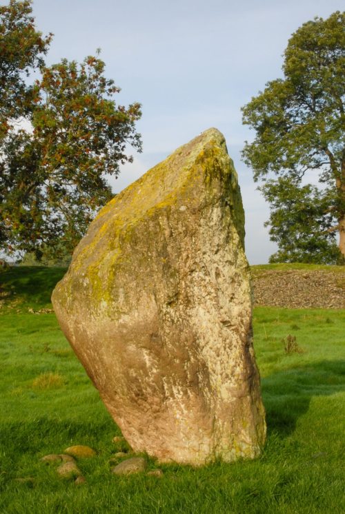 Mayburgh Henge - a tooth-shaped stone standing on its own in a field.