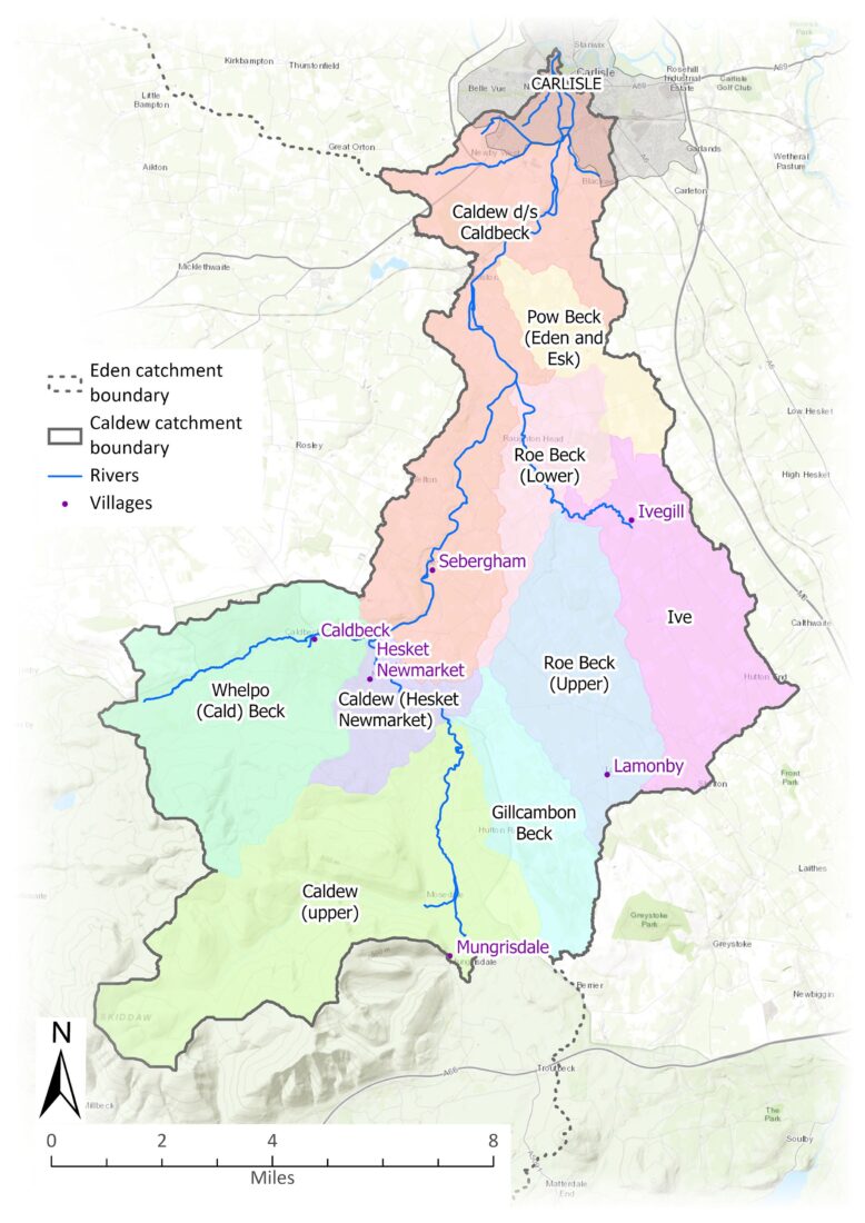 Map showing the Caldew catchment borders, rivers and settlements