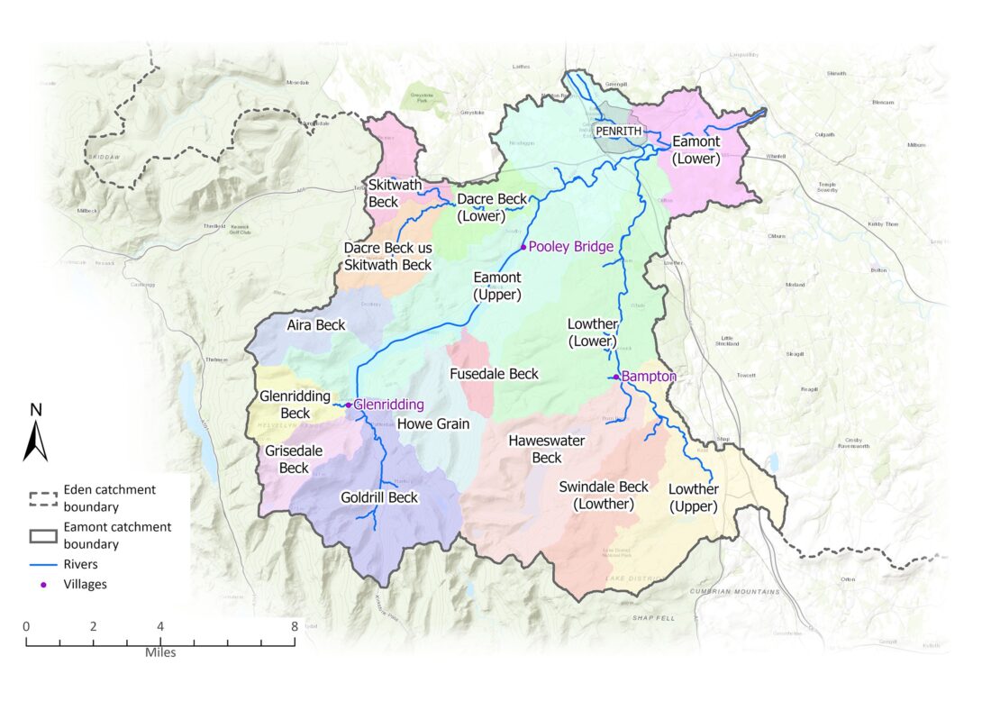 Map showing the Eamont catchment borders, rivers and settlements