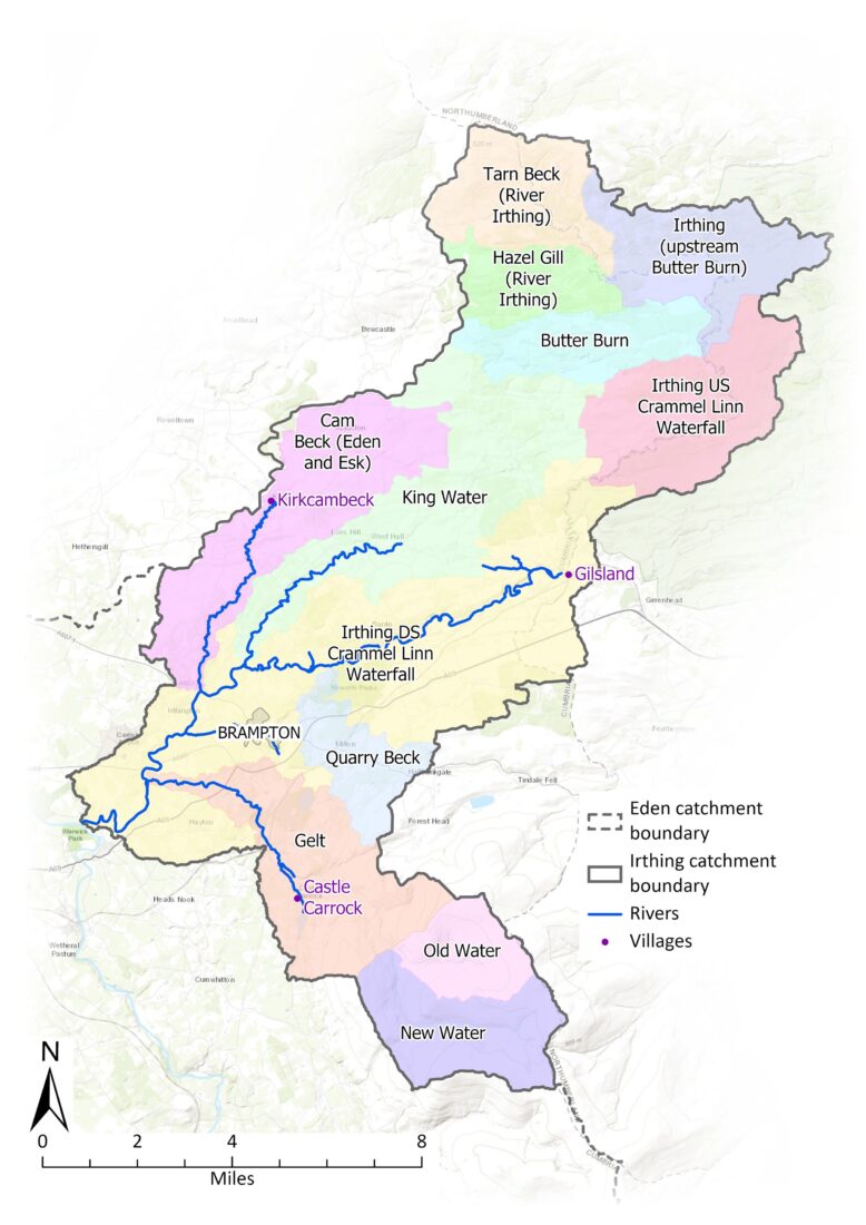 Map showing the Irhting catchment borders, rivers and settlements