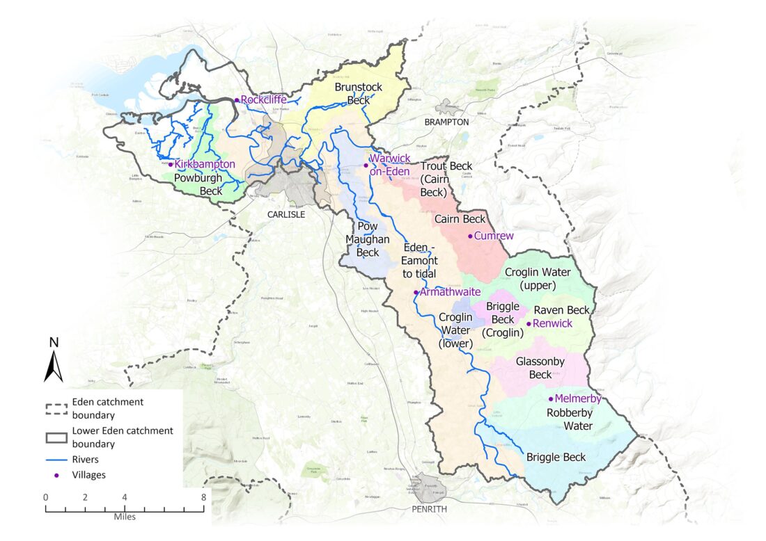 Map showing the Lower Eden catchment borders, rivers and settlements