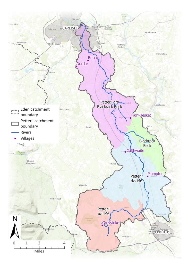 Map showing the Petteril catchment borders, rivers and settlements