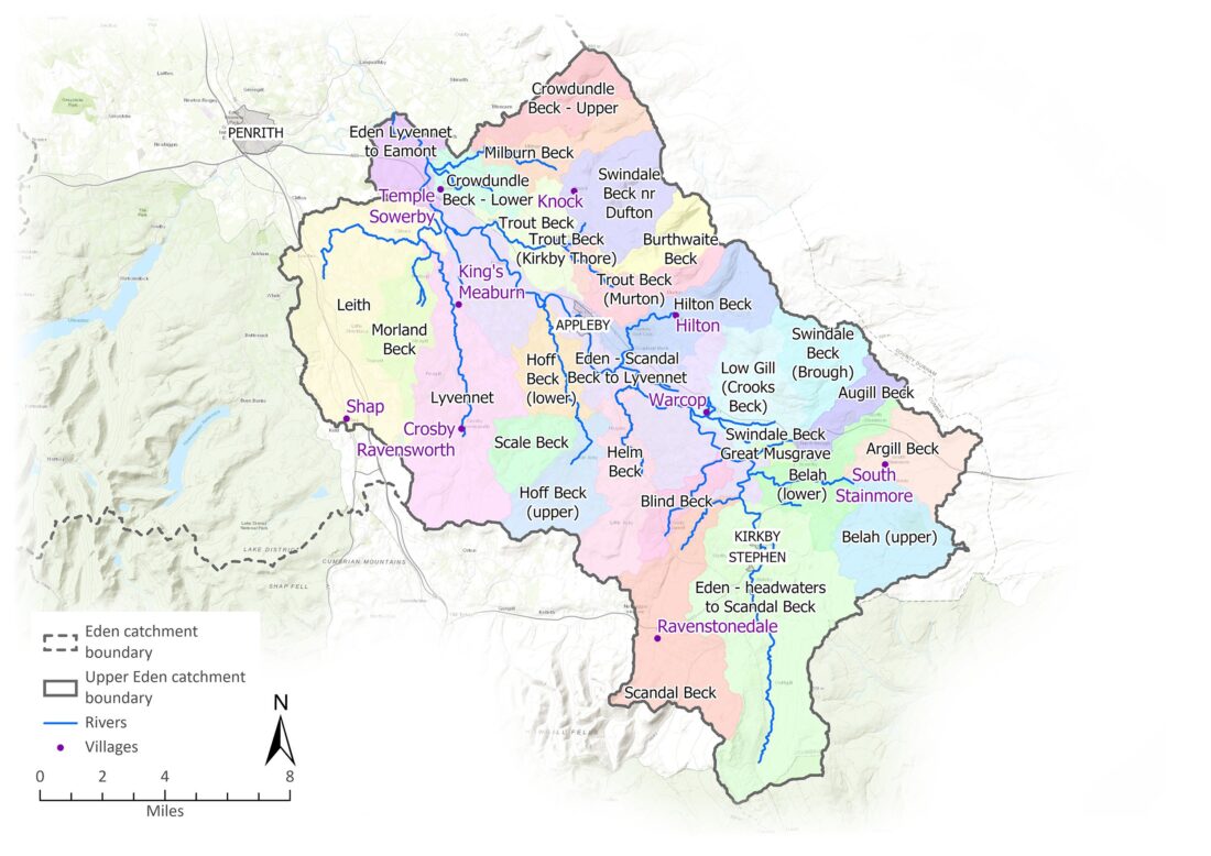 Map showing the Upper Eden catchment borders, rivers and settlements