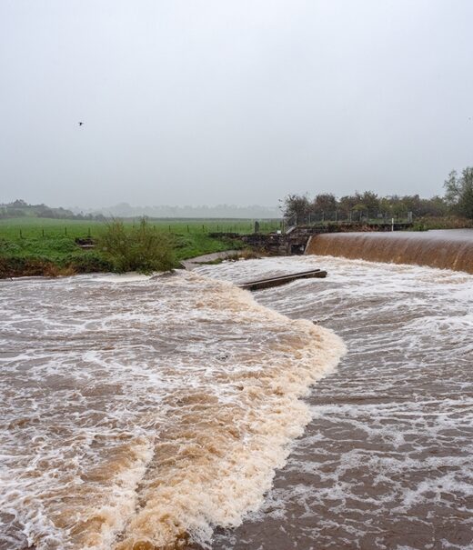 A view across the river Caldew in full spate cascading over Holme Head weir.