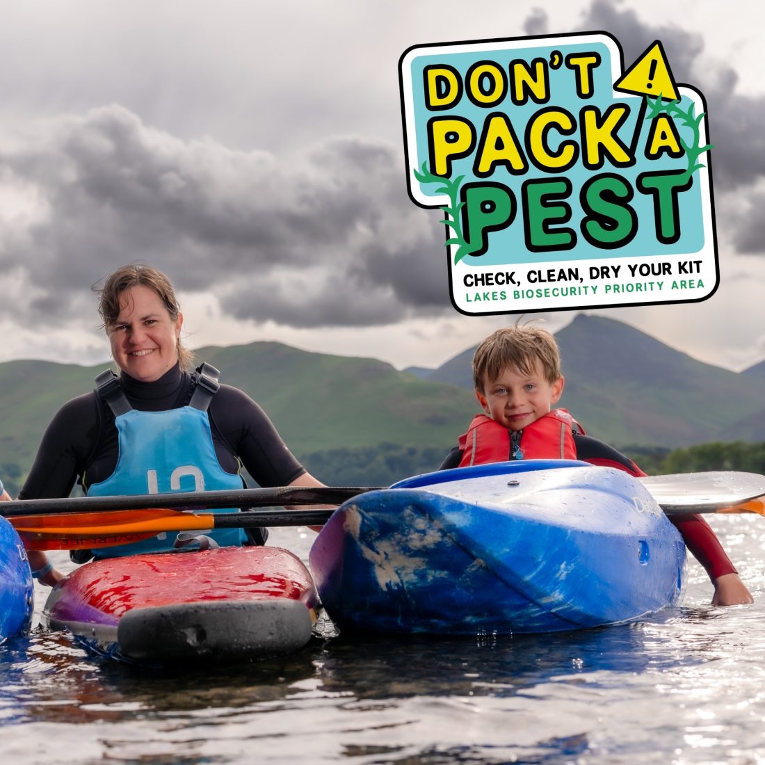 Three people canoeing on a lake with a graphic in the corner which reads: Don't pack a pest.