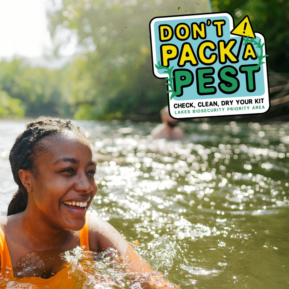 A person swimming in a river with a graphic in the corner which reads: Don't pack a pest.