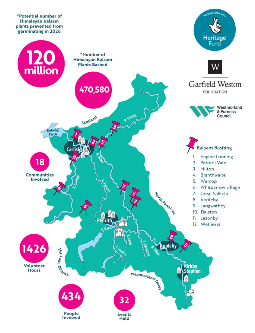Map of the Eden catchment showing the locations where we have bashed balsam in 2025
