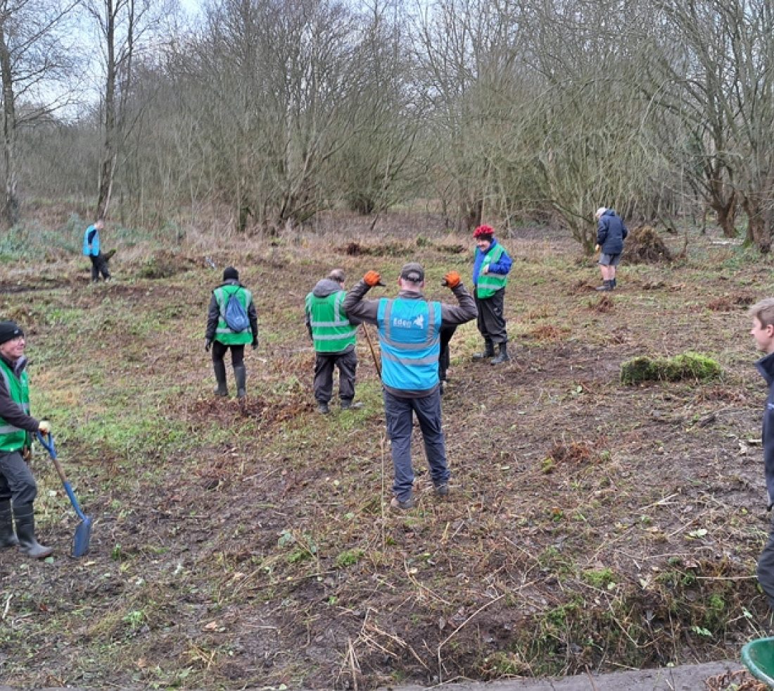 A large group of volunteers with spades are clearing undergrowth from a woodland site to reveal artefacts linked to a railway yard once active on the site.