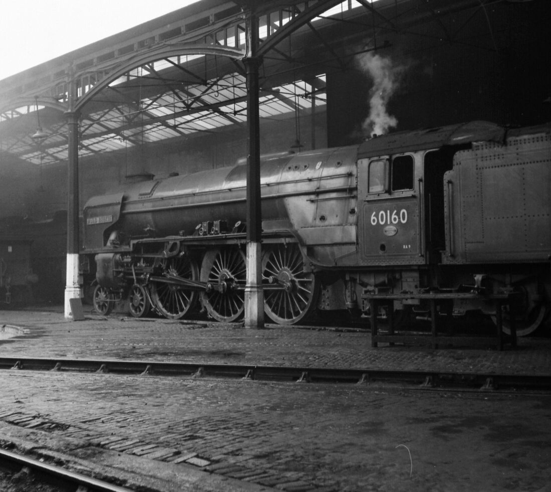 Image of a large steam locomotive housed in an engine shed at the former rail yard site.