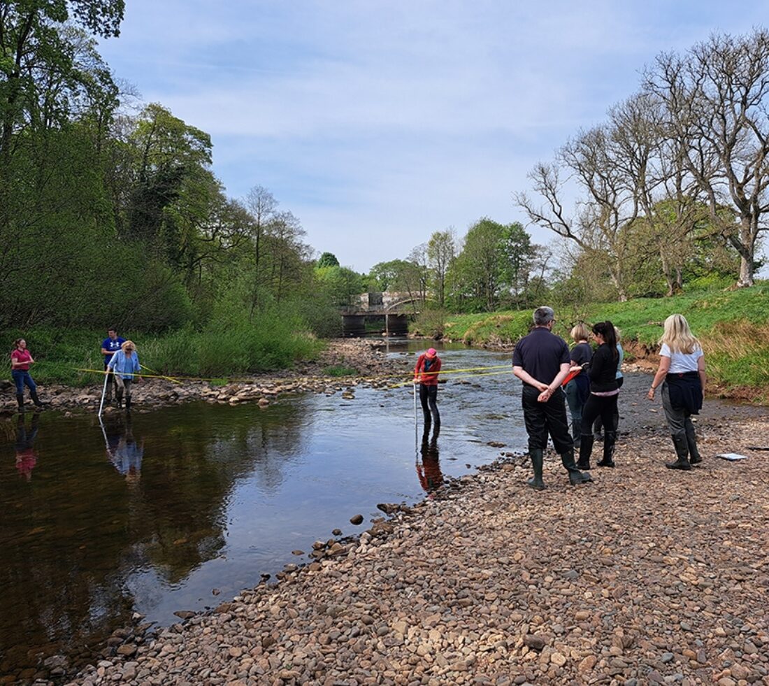 A group of people with measuring sticks and tapes, surveying a section of river.