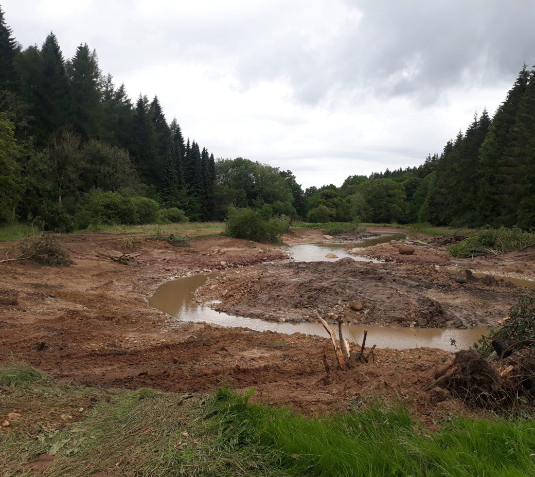 View of groundworks and the creation of a meandering channel across grass field, bordered by mixed woodland.