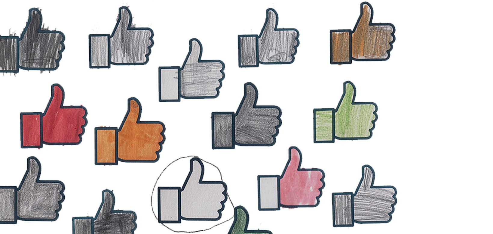 Graphic of multiple thumb icons in a variety of colours.