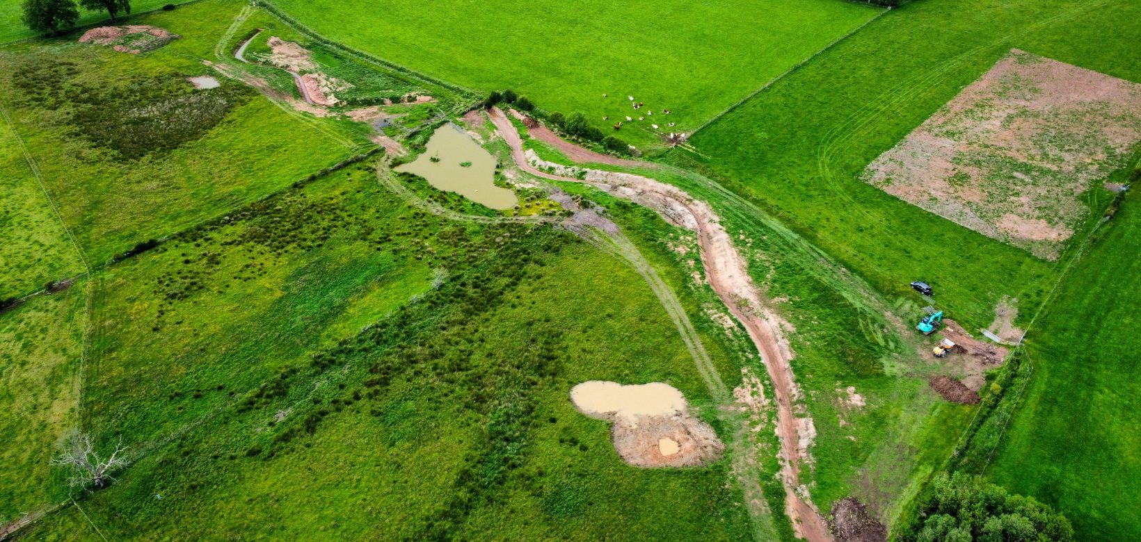 Aerial view of groundworks creating a new wiggly river channel and scrapes.