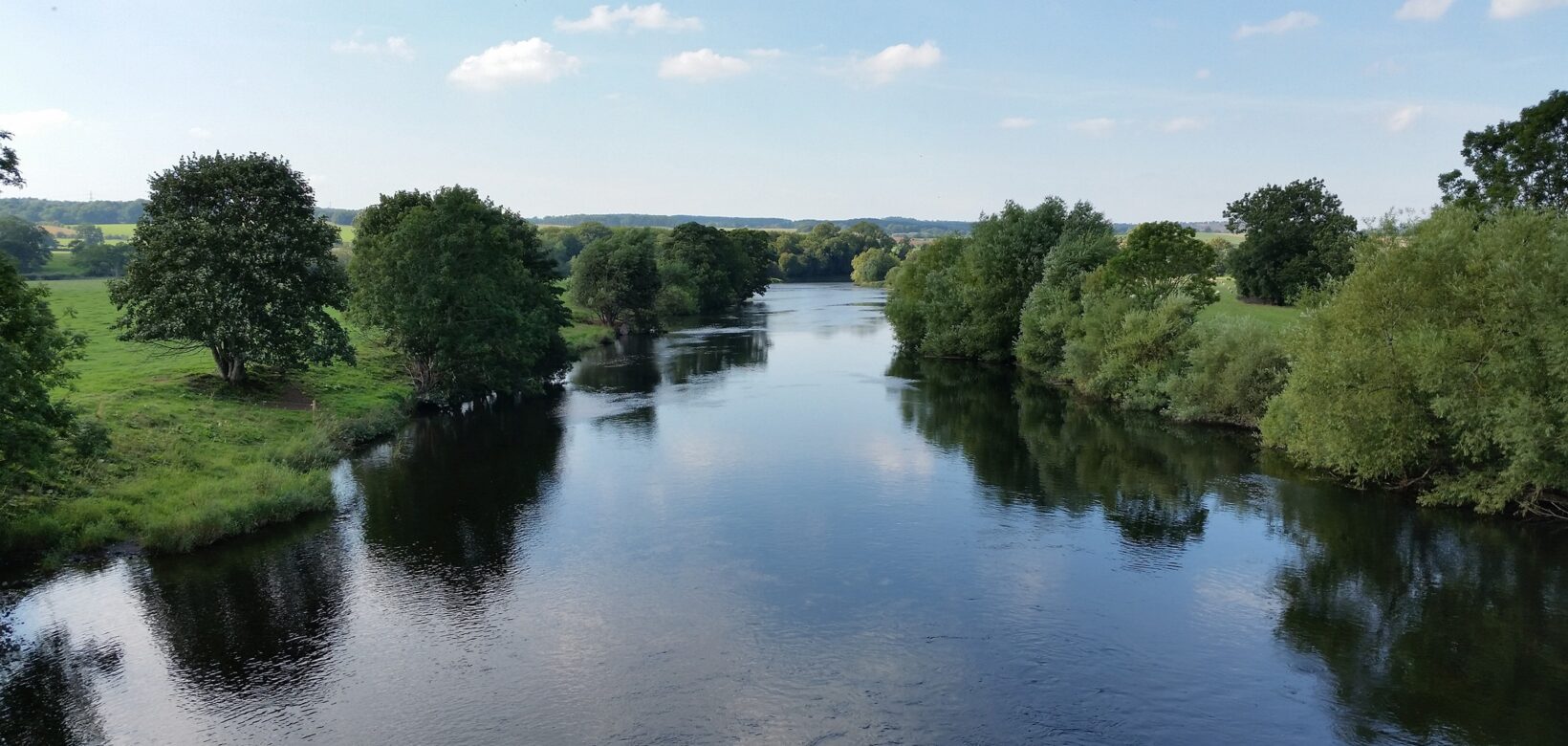 Aerial view looking down the length of a wide slow moving river with native trees and open grassland on either side.