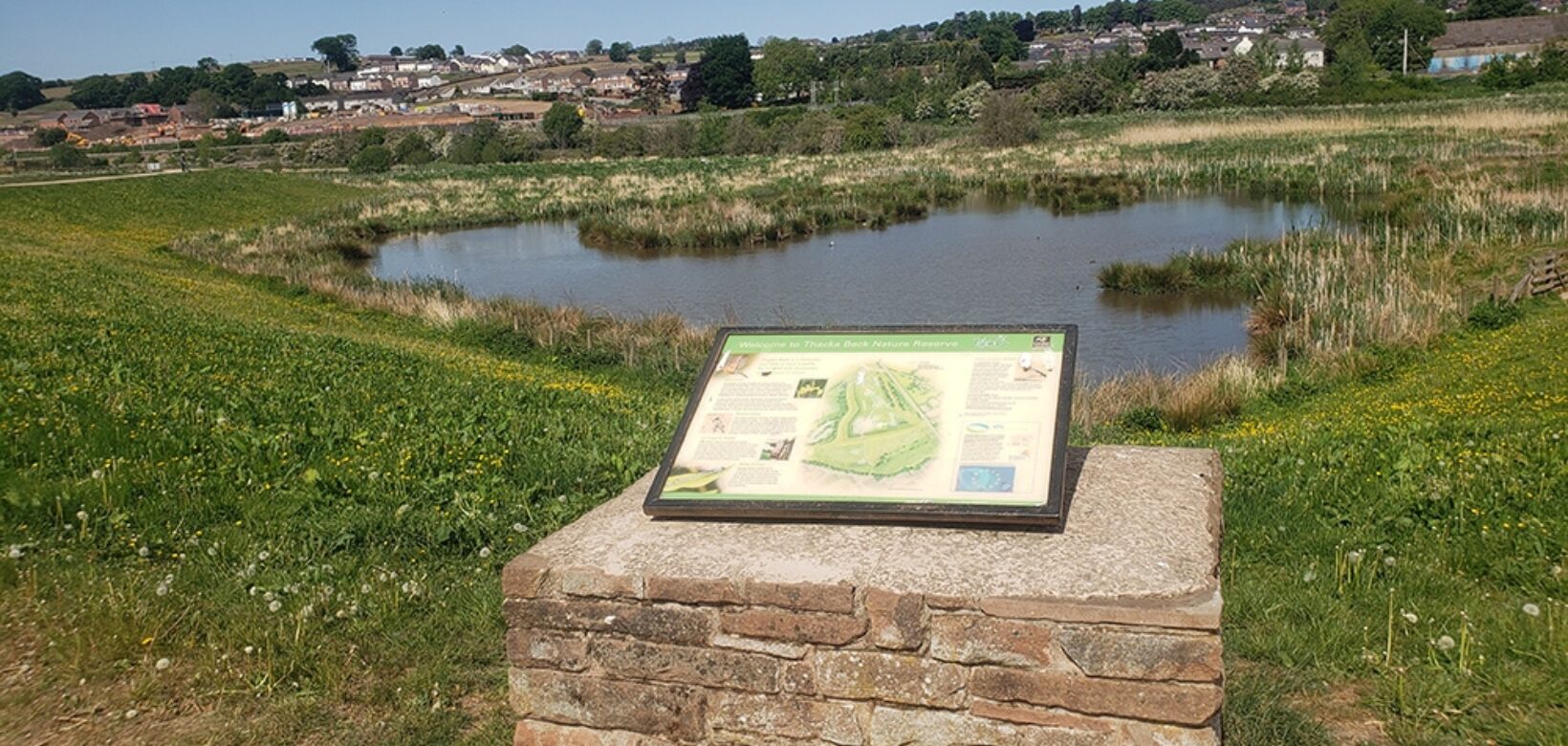 White interpretation board seated atop flat brick platform with Thacka Beck nature reserve lake behind.