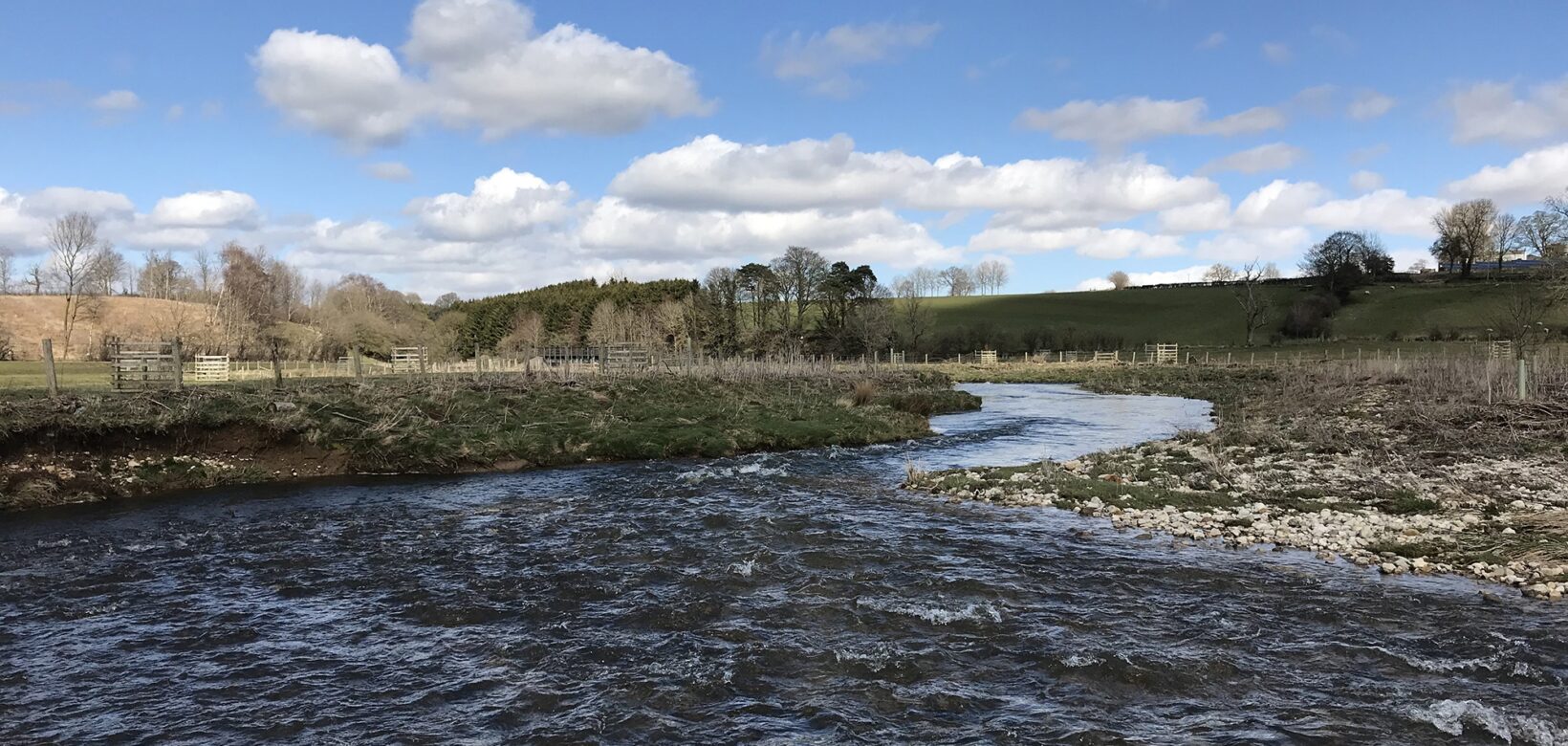 A river meanders into the distance. It's a sunny day with fluffy white clouds scudding across a blue sky.