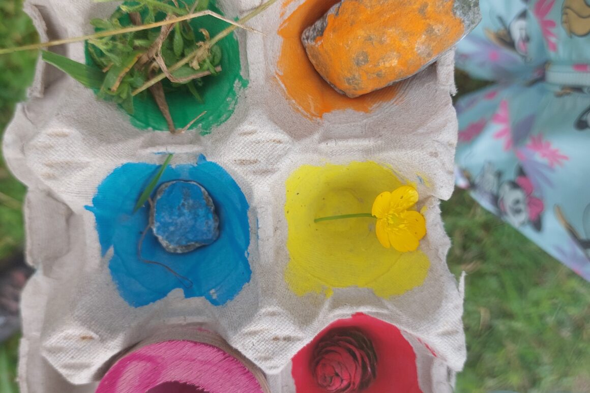 Looking down on an open egg carton. The six spaces for eggs have been painted in bright primary colours, each containing a flower, leaf or item found in nature
