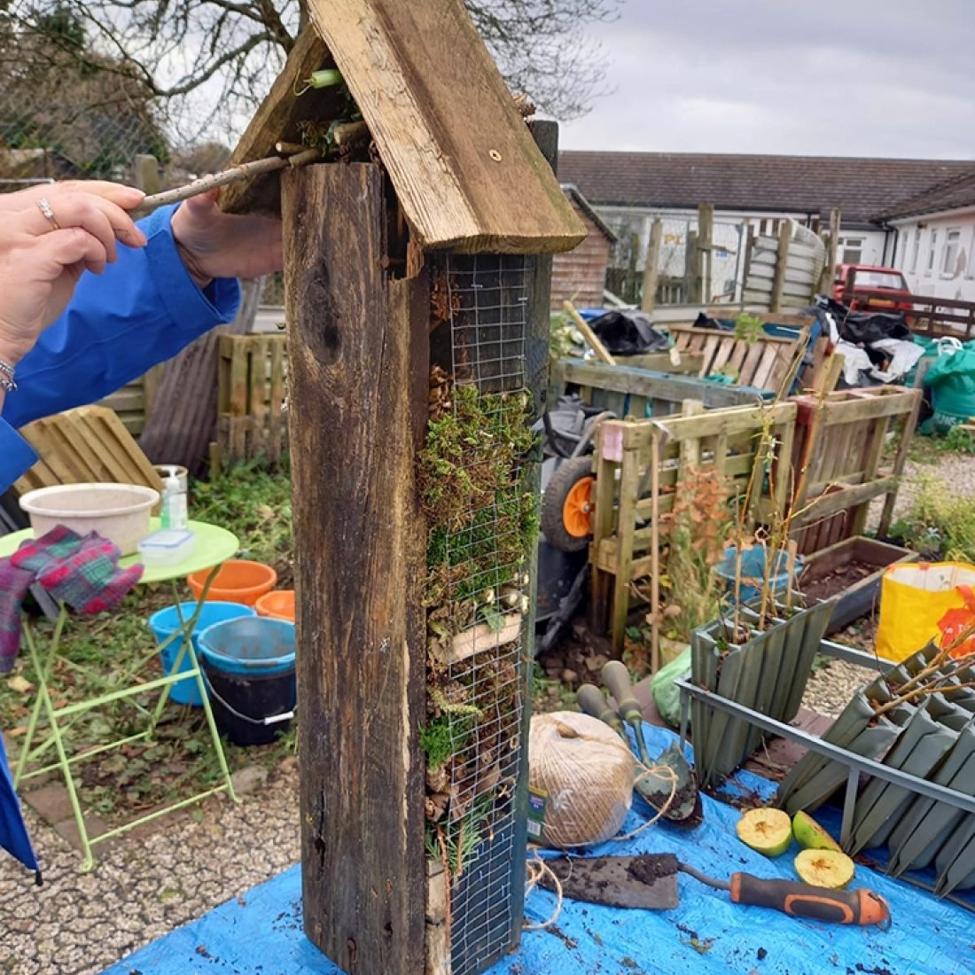 A person is finishing the construction of tall insect hotel made from wood scraps and wire meshing, filled with sticks and moss to provide suitable habitat.