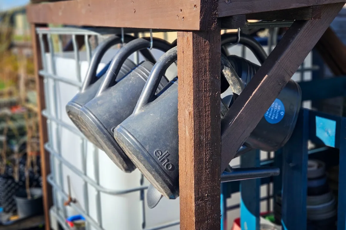 A wooden scaffold with watering cans hanging and a large plastic water butt in metal framework housed within.
