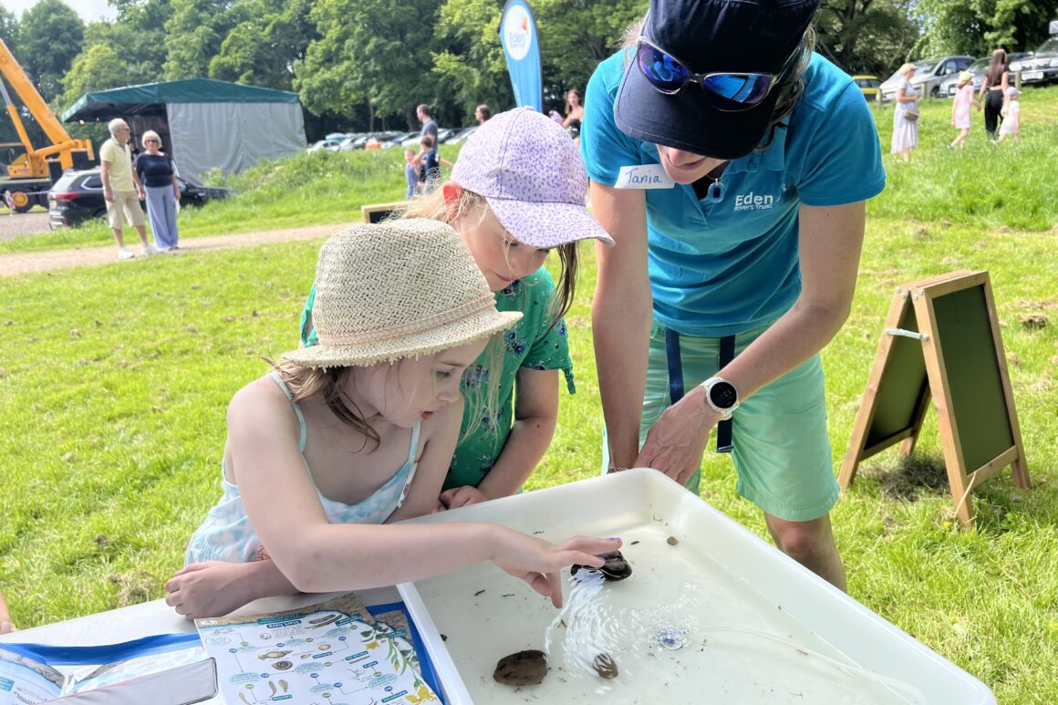 An ERT member of staff is stood at a table under an outdoor gazebo with two young children examining a large white plastic tray filled with water and examples of aquatic life found in nearby river Eden.