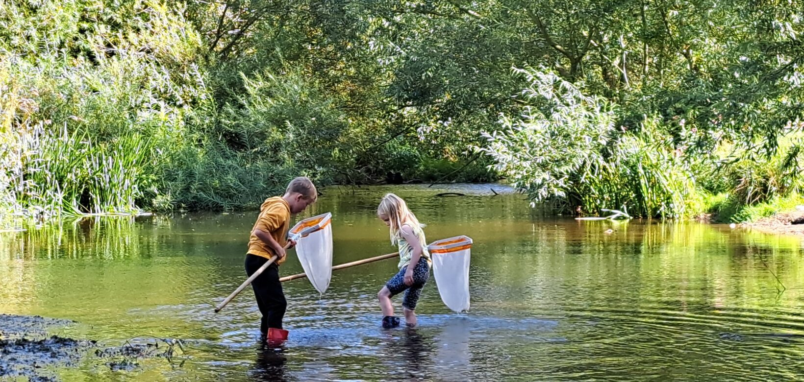 Two young people in wellingtons are stood in a shallow section of river each holding a small 'keep' net. Calm section of river with a backdrop of green trees and foliage in dappled sunlight