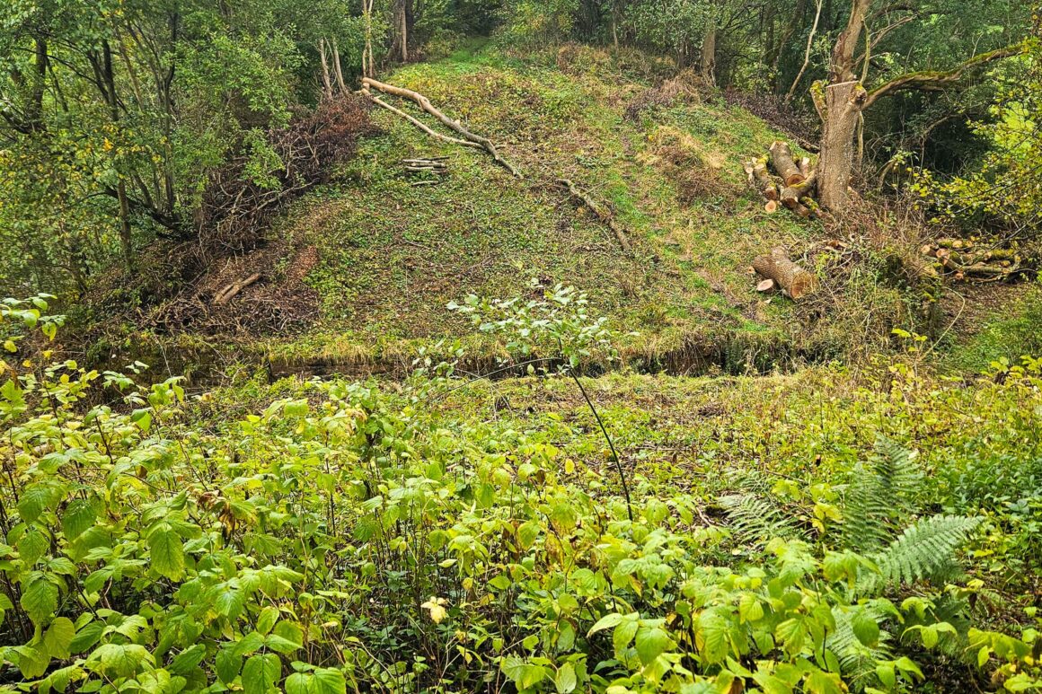 Looking from the top of a grass mound across the gap to a grass mound on opposite side of a road track cutting through the raised banking and foot trail.