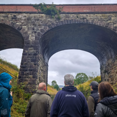 Staff members from Cumbria Wildlife Trust, Yorkshire Dale National Park Authority and Eden Rivers Trust standing on the Podgill viaduct trail path looking up at the Podgill viaduct structure.