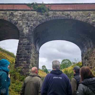Staff members from Cumbria Wildlife Trust, Yorkshire Dale National Park Authority and Eden Rivers Trust standing on the Podgill viaduct trail path looking up at the Podgill viaduct structure.