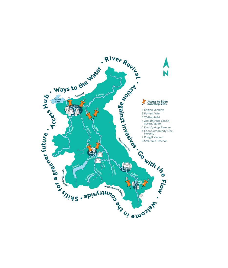 Eden river catchment map featuring locations of the eight Access to Eden project doorstep sites.