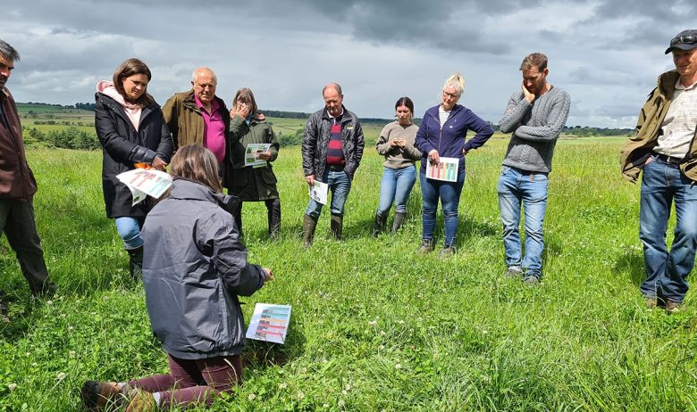 A group of people standing on grassland and arranged in a semi circle to listen to information being given by the activity leader about soil health.