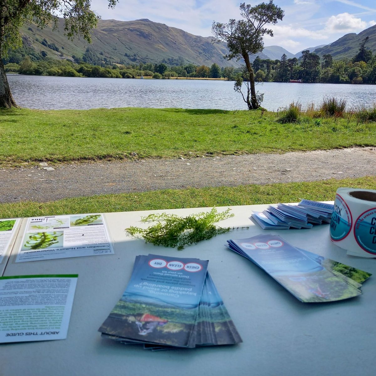 Looking across a table top covered in marketing materials promoting the Check, Clean, Dry campaign with a view beyond to Ullswater lake shore and distant fells beyond.