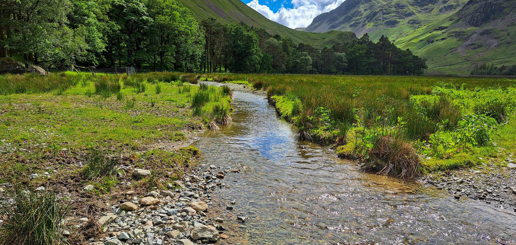 Shallow pebble strewn stream running through green valley floor rich in marsh plants to tree fringed fell base beyond and view of steep fells under blue cloudy skies in the far distance.