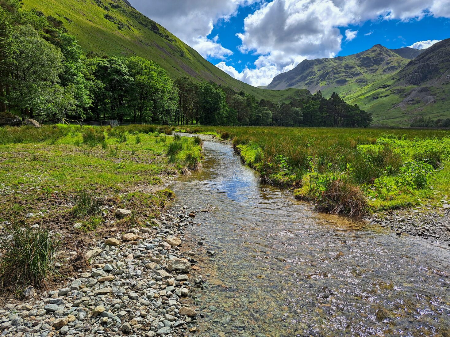 Shallow pebble strewn stream running through green valley floor rich in marsh plants to tree fringed fell base beyond and view of steep fells under blue cloudy skies in the far distance.