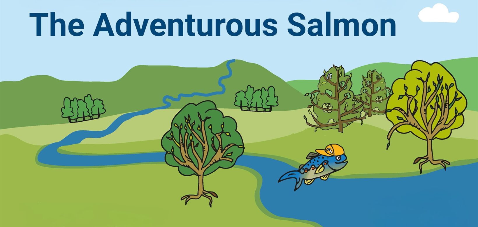 Book cover with a colourful illustration of a river stretching from the fells to the lower reaches. There are some trees by the riverbank and a salmon wearing a baseball cap is leaping out of the water.