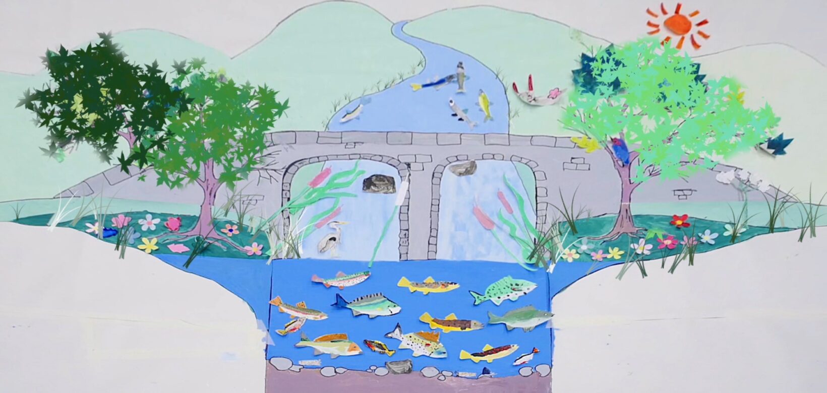 A drawing showing a river with a bridge over it. The river is full of fish and there are trees on either side of the bridge.